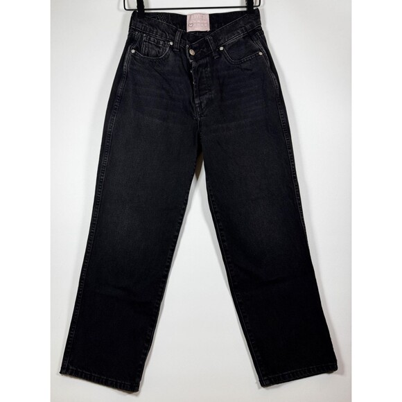 Revice Jeans 28 Black High Waist Straight Leg Denim Asymmetrical Button Fly USA - Picture 1 of 14